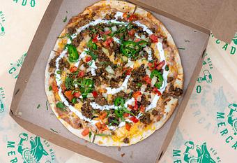 Product: Crispy flour tortilla, ground beef, refried beans, cheddar jack cheese, pico de gallo, jalapeños, crema, cilantro. - Red Mesa Mercado in St. Petersburg, FL Mexican Restaurants