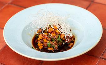 Product: YUZU PONZU, TOMATO, RED ONION, FUYU PERSIMMON, CILANTRO, LIME, BASIL, AND CRISPY NOODLES. - Red Mesa Restaurant in St Petersburg, FL Mexican Restaurants