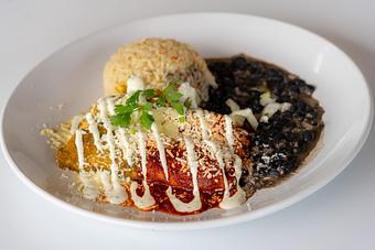Product: Poblano peppers, onions, salsa roja, salsa verde, queso fresco, cilantro-onion, crema. Cilantro rice & black beans. - Red Mesa Restaurant in St Petersburg, FL Mexican Restaurants