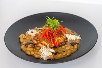 Product: Tomatillo white beans, salsa macha, red pepper salpicon, queso fresco. MGF - Red Mesa Restaurant in St Petersburg, FL Mexican Restaurants