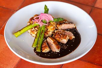 Product: Sweet potato goat cheese risotto, grilled asparagus, Manchamanteles mole. - Red Mesa Restaurant in St Petersburg, FL Mexican Restaurants