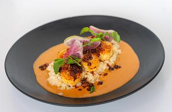 Product: Pecorino Romano risotto, smoked paprika piquillo pepper sauce, watermelon radish. MGF - Red Mesa Restaurant in St Petersburg, FL Mexican Restaurants