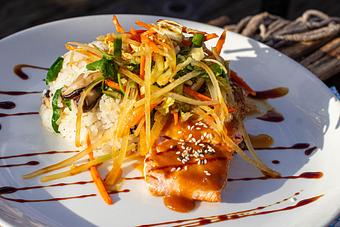 Product: Miso Glazed Ora King Salmon - Salty's on Alki in Alki Beach, West Seattle - Seattle, WA American Restaurants