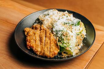 Product: juicy panko breaded chicken breast atop a bed of baby gem lettuce tossed in house made caesar dressing. finished with shaved parmesan, fried lotus rootlet, furikake. - Sushi San - Reservations in River North - Chicago, IL Japanese Restaurants