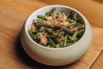 Product: spicy-savory and packed with flavor, our garlic chili vinaigrette is served atop haricots verts and finished with sesame seeds and lemon. - Sushi San - Reservations in River North - Chicago, IL Japanese Restaurants
