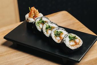 Product: crispy tempura battered black tiger shrimp are rolled with nam prik jam, thai basil, and fried shallot. served with side of wasabi soy. available in 5 or 10 pieces. - Sushi San - Reservations in River North - Chicago, IL Japanese Restaurants