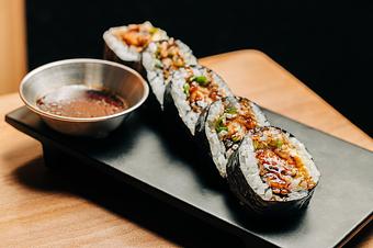 Product: bbq eel gets the crispy tempura treatment and is rolled with avocado, sweet soy and kizami wasabi. served with side of wasabi soy. available in 5 or 10 pieces - Sushi San - Reservations in River North - Chicago, IL Japanese Restaurants