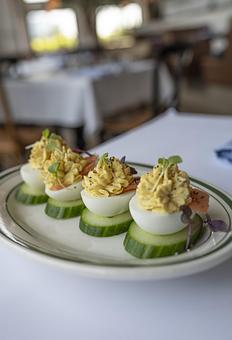 Product: Deviled Eggs... Smoked salmon, dill, everything seasoning, cucumber [GF] - The Shed Restaurant- Plainview in The Shops at Country Pointe Beechwood - Plainview, NY American Restaurants