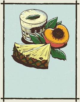 Product: Illustration of a short glass topped with a large leaf, positioned next to sliced pineapple, a halved peach, and additional green leaves - Three Dots and A Dash in River North - Chicago, IL Bars & Grills