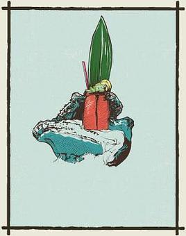 Product: ,Illustration of a cocktail with red liquid in a large blue mug, featuring a pink straw, a leaf garnish, and visible dry ice creating a smoky effect - Three Dots and A Dash in River North - Chicago, IL Bars & Grills