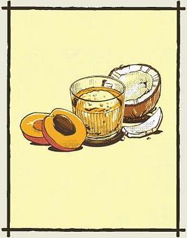 Product: Illustration of a glass filled with brown liquid and a large circular ice cube, placed next to half a coconut and half an apricot - Three Dots and A Dash in River North - Chicago, IL Bars & Grills