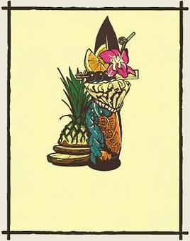Product: Illustration of a cocktail served in a toucan-shaped mug, garnished with orange slices, cherries, and a flower, with pineapple slices placed beside it - Three Dots and A Dash in River North - Chicago, IL Bars & Grills