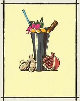 Product: Illustration of a tall metal glass garnished with an orange peel and a pink flower, with a blue straw extending from the top, placed next to a pomegranate and a piece of ginger root - Three Dots and A Dash in River North - Chicago, IL Bars & Grills