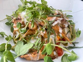 Product: Fresh Spinach Fettuccine Pasta, Wild Mushrooms, Cherry Tomatoes, Pea Shoots, Creme Fraiche, Coconut Milk Red Curry Sauce - Walter Hansel Wine & Bistro in Santa Rosa, CA French Restaurants