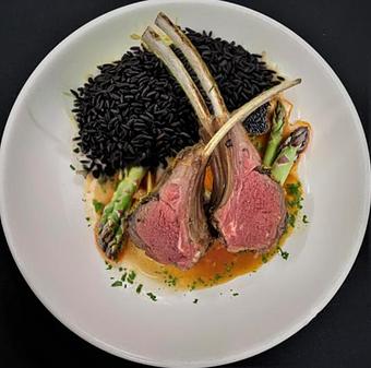Product: Three Lamb Chops, Grilled Asparagus, Black Rice, Garlic Thyme Lamb Jus - Walter Hansel Wine & Bistro in Santa Rosa, CA French Restaurants