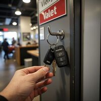 Car keys with fobs hanging on a wall hook in a dealership, serviced by Monroe Locksmith Services. Call Us (513) 586-2541
