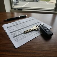 Car key fob and silver key resting on a service work order document by Peekskill Locksmith Co. Call Us (914) 867-4224